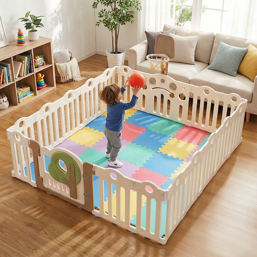 Playpals Kids Playpen 18 Panels Foldable Baby Safety Gate with Basketball Hoop