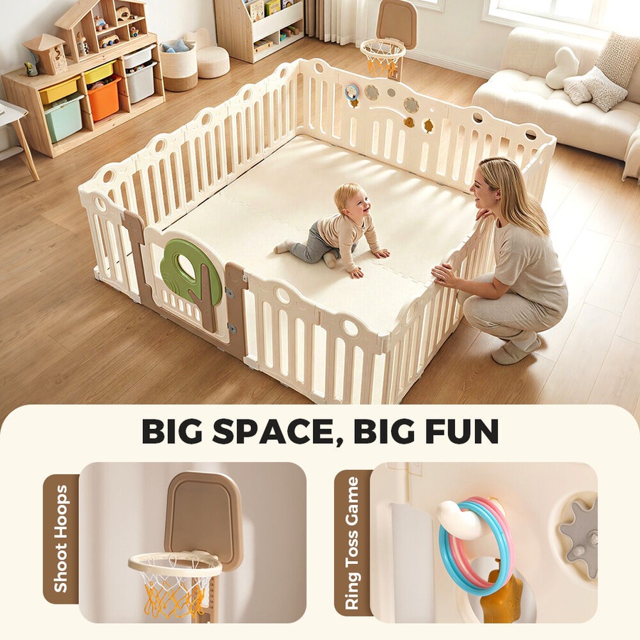 Playpals Kids Playpen 18 Panels Foldable Baby Safety Gate with Basketball Hoop