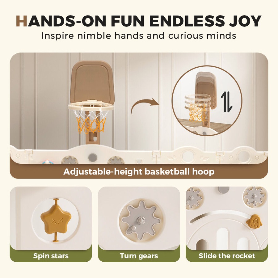 Playpals Kids Playpen 18 Panels Foldable Baby Safety Gate with Basketball Hoop