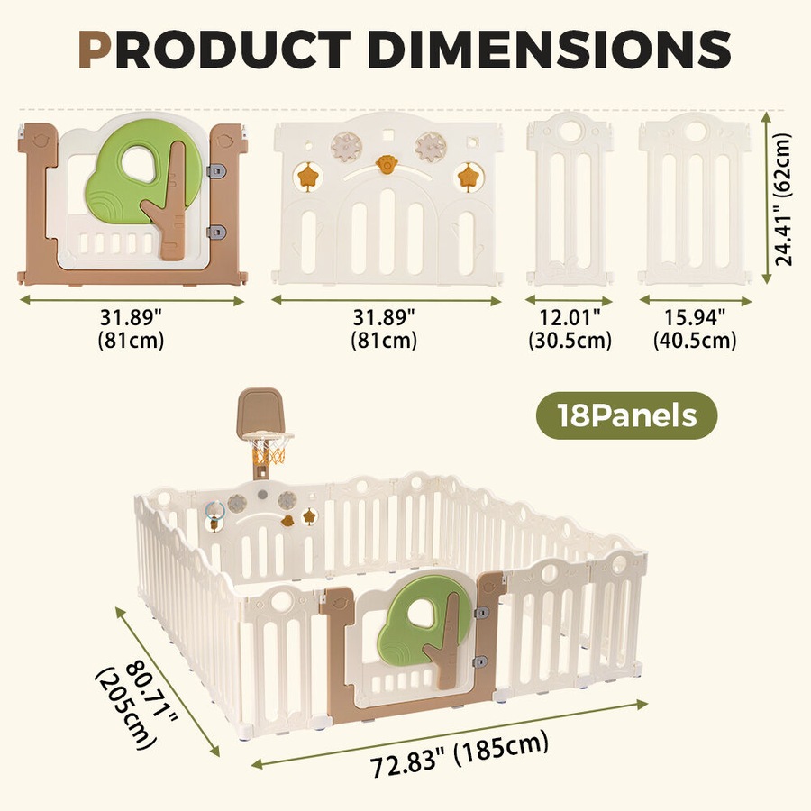 Playpals Kids Playpen 18 Panels Foldable Baby Safety Gate with Basketball Hoop