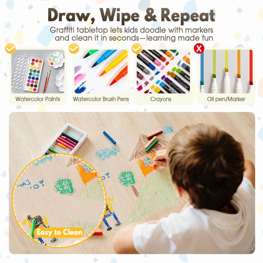 PlayPals Kids Table Chairs Set with Graffiti Desktop Height Adjustable 80x60cm Beige