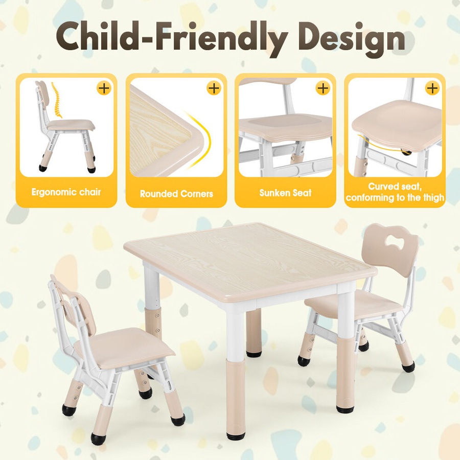 PlayPals Kids Table Chairs Set with Graffiti Desktop Height Adjustable 80x60cm Beige