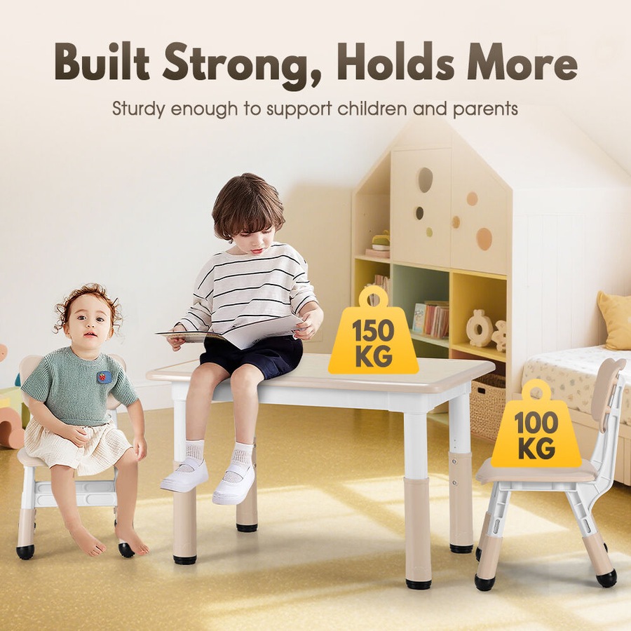 PlayPals Kids Table Chairs Set with Graffiti Desktop Height Adjustable 80x60cm Beige