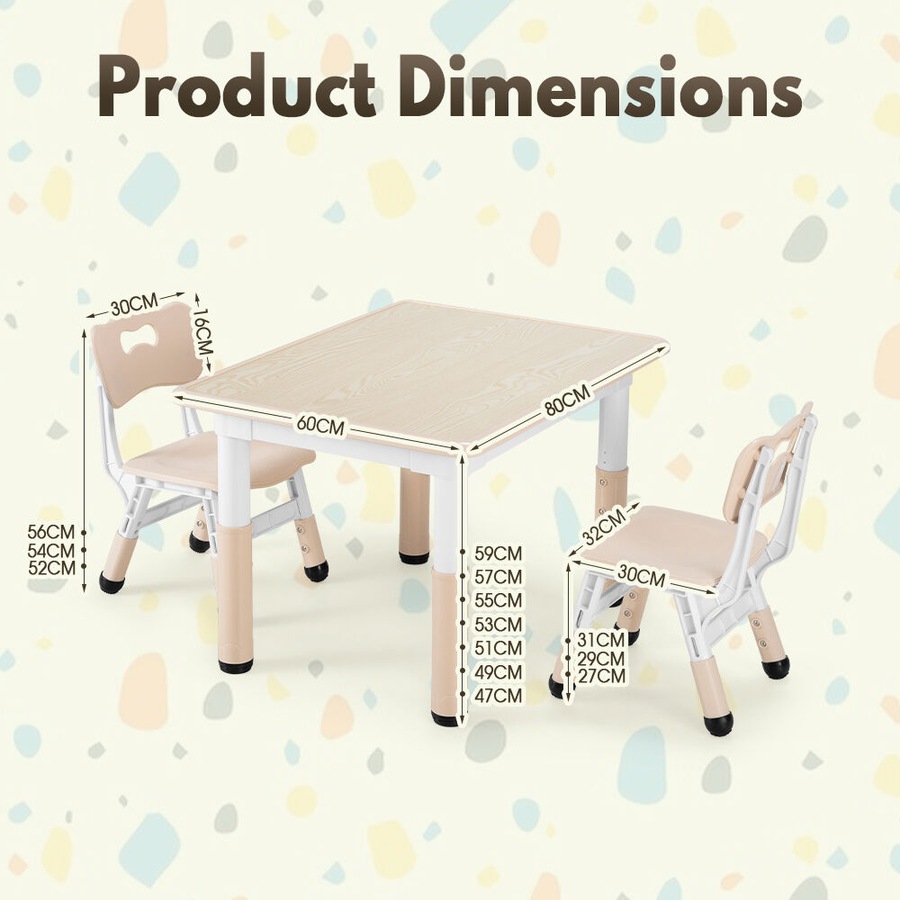 PlayPals Kids Table Chairs Set with Graffiti Desktop Height Adjustable 80x60cm Beige