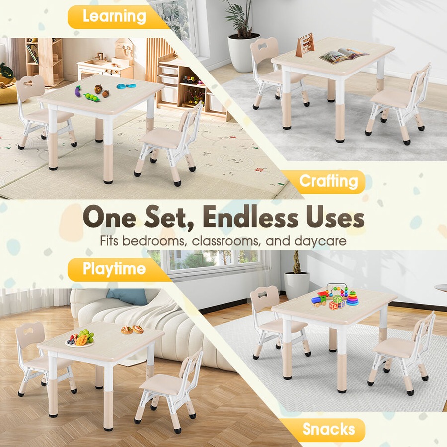 PlayPals Kids Table Chairs Set with Graffiti Desktop Height Adjustable 80x60cm Beige