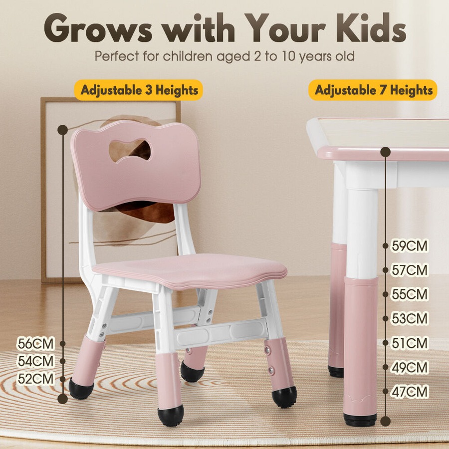 PlayPals Kids Table Chairs Set with Graffiti Desktop Height Adjustable 80x60cm Pink