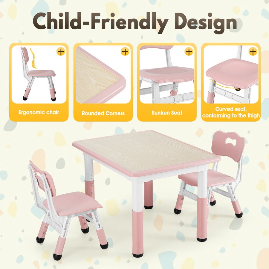 PlayPals Kids Table Chairs Set with Graffiti Desktop Height Adjustable 80x60cm Pink