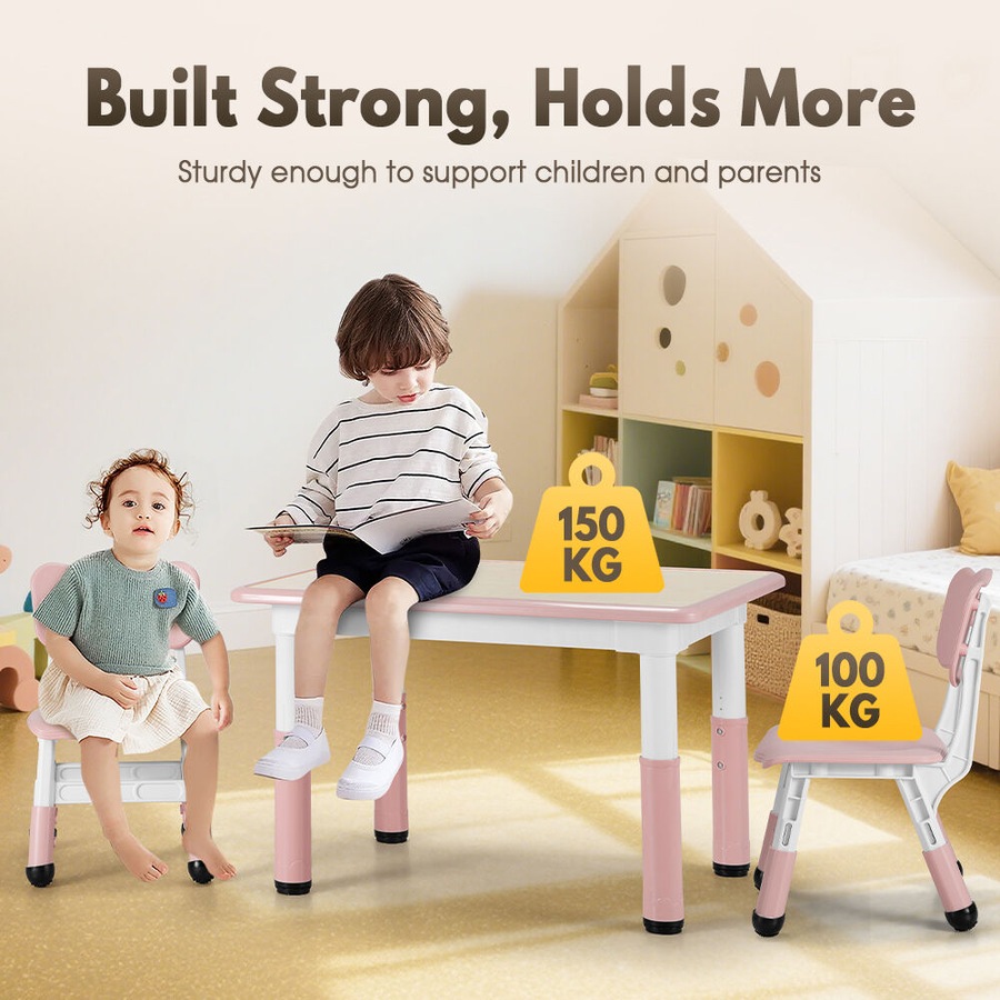 PlayPals Kids Table Chairs Set with Graffiti Desktop Height Adjustable 80x60cm Pink