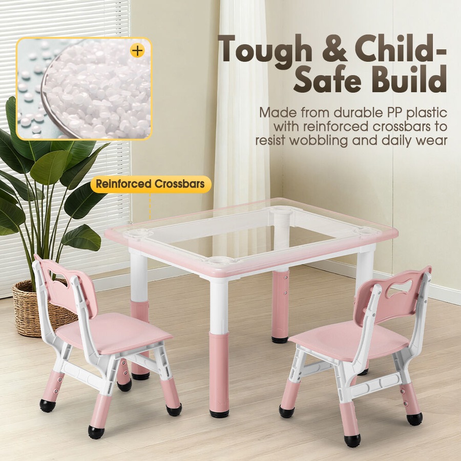 PlayPals Kids Table Chairs Set with Graffiti Desktop Height Adjustable 80x60cm Pink