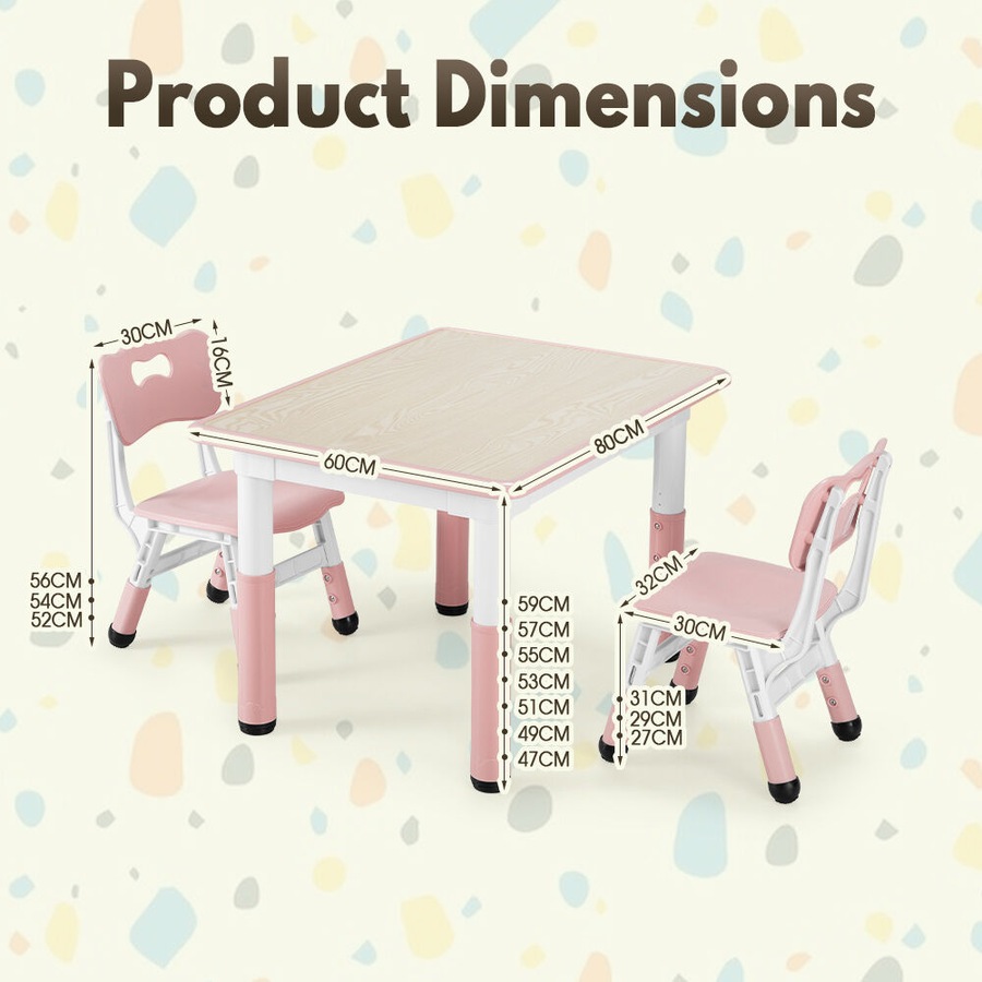 PlayPals Kids Table Chairs Set with Graffiti Desktop Height Adjustable 80x60cm Pink