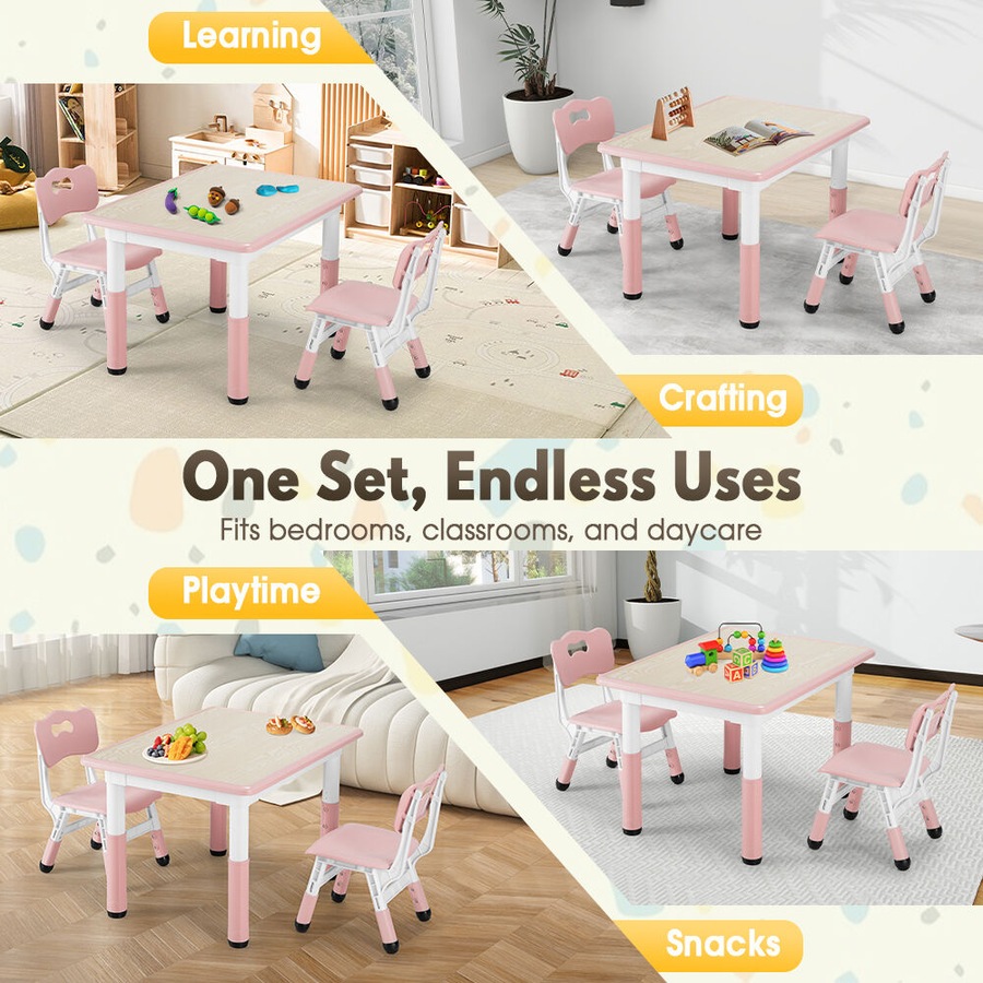 PlayPals Kids Table Chairs Set with Graffiti Desktop Height Adjustable 80x60cm Pink