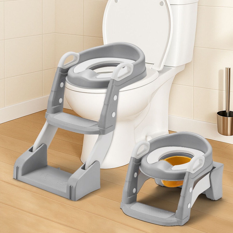 Playpals Potty Trainer Toilet Seat Chair Kids Toddler with Ladder Grey