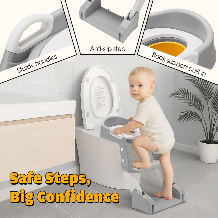 Playpals Potty Trainer Toilet Seat Chair Kids Toddler with Ladder Grey