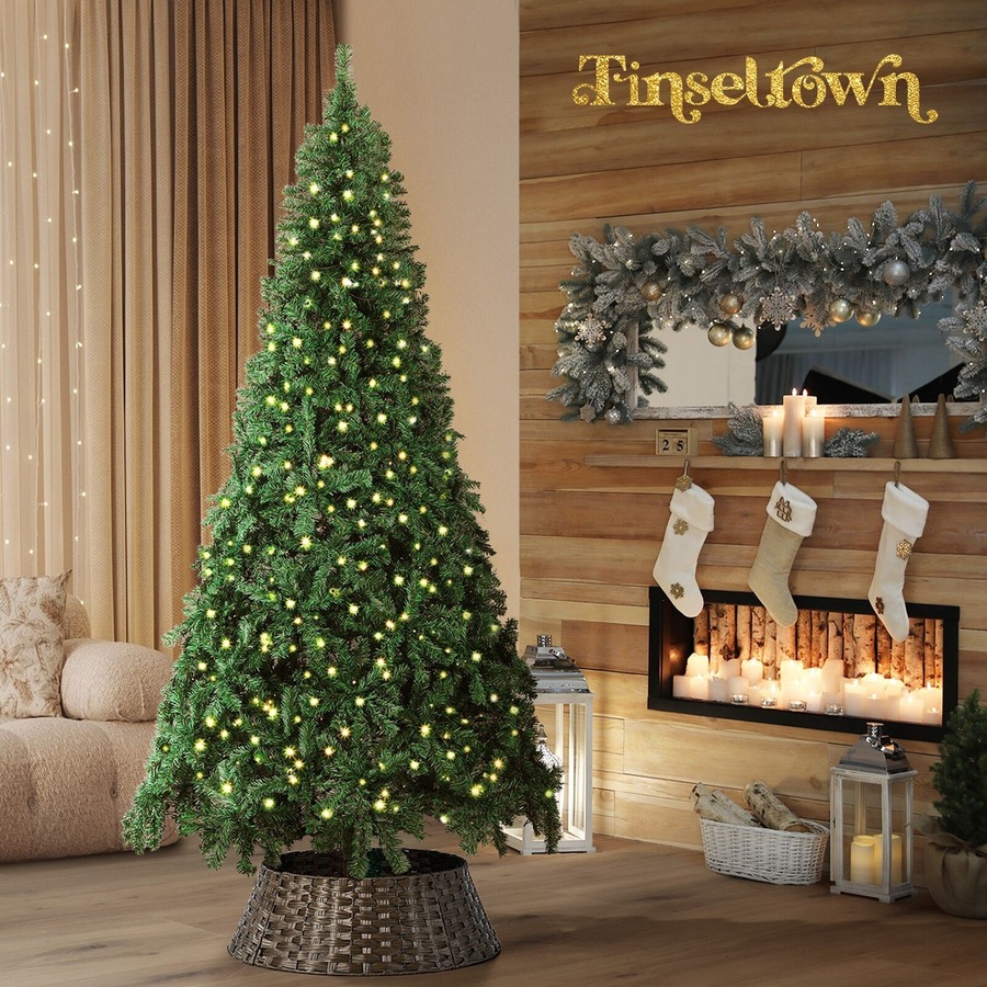 Tinseltown LED Christmas Tree 2.1M 7FT with Rattan Tree Skirt Warm Light Green