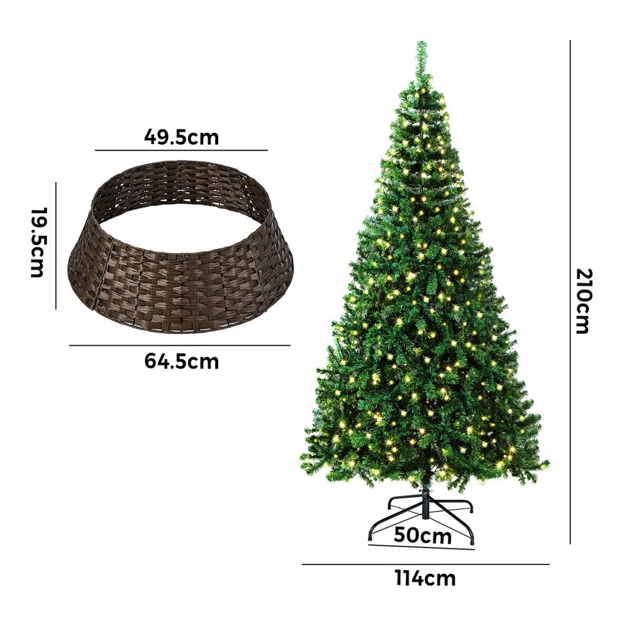 Tinseltown LED Christmas Tree 2.1M 7FT with Rattan Tree Skirt Warm Light Green