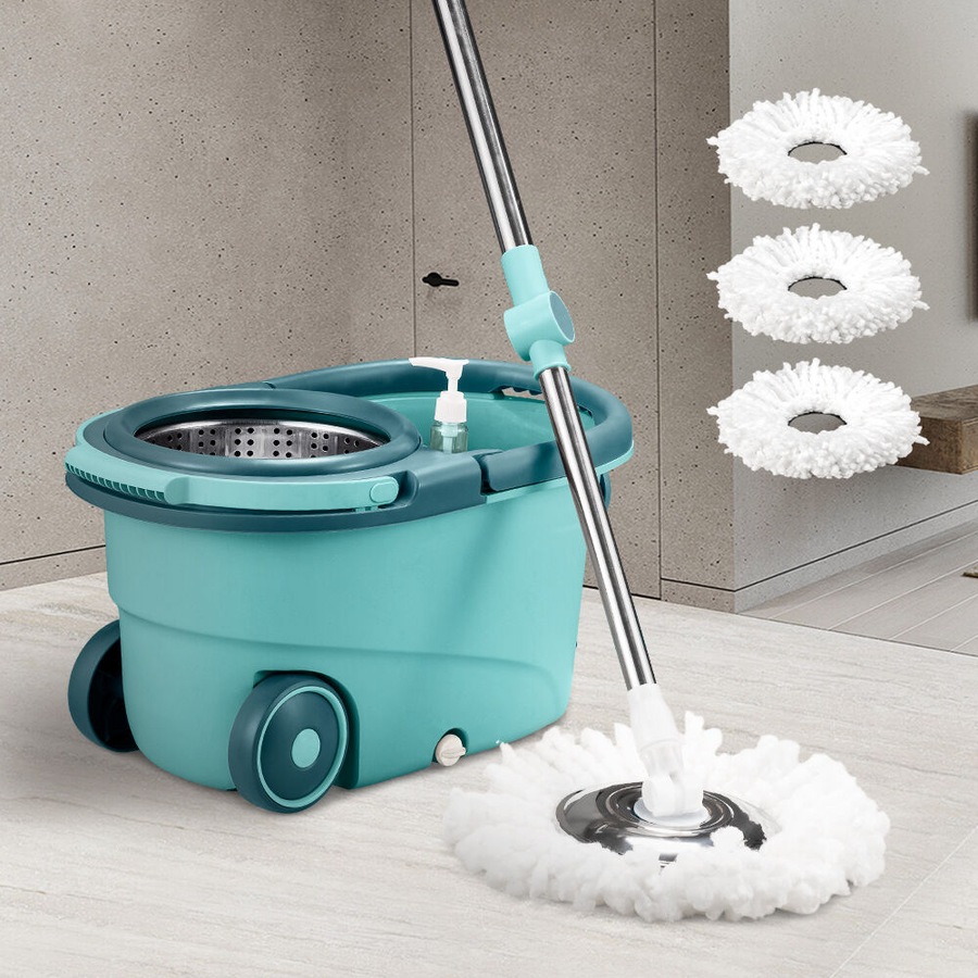 ZUNI Spin Mop Bucket Set Floor Mop Stainless Steel Rotating w/ 2 Heads Green