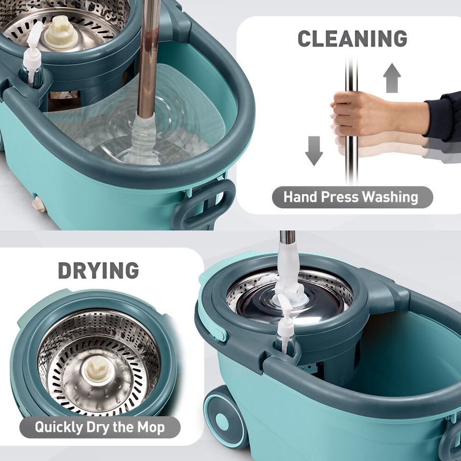 ZUNI Spin Mop Bucket Set Floor Mop Stainless Steel Rotating w/ 2 Heads Green