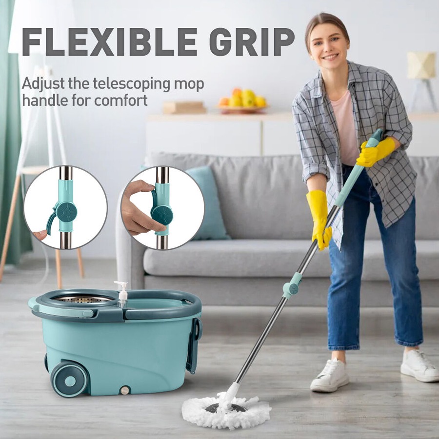 ZUNI Spin Mop Bucket Set Floor Mop Stainless Steel Rotating w/ 2 Heads Green