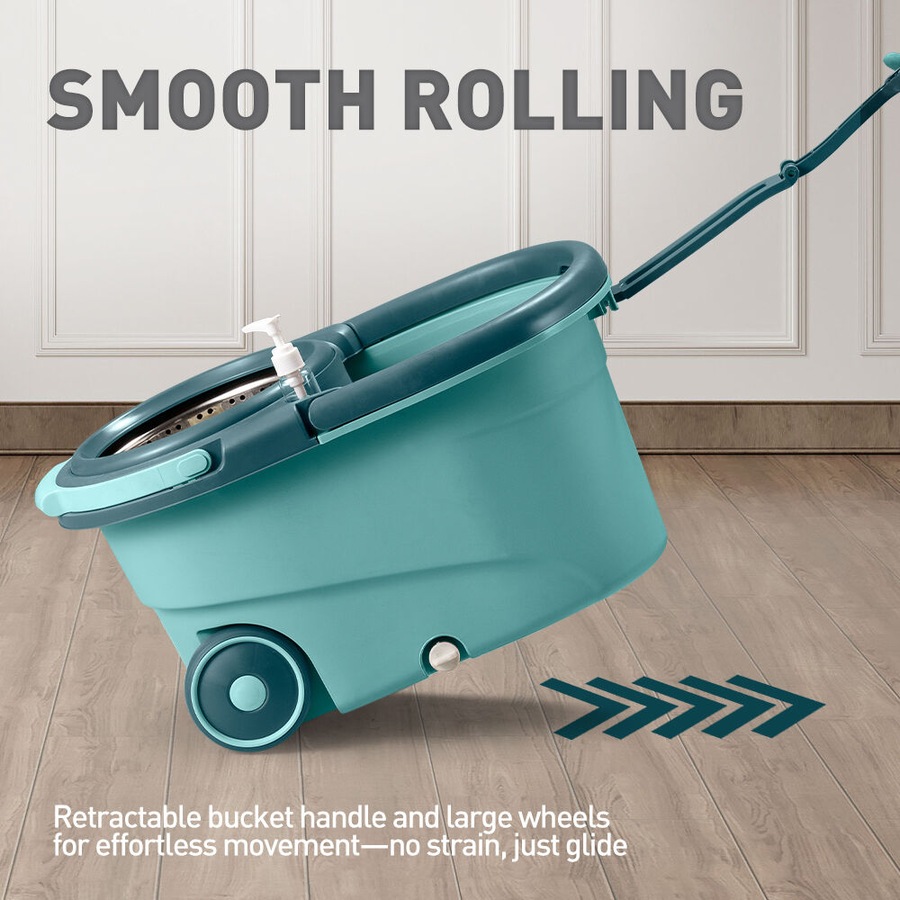 ZUNI Spin Mop Bucket Set Floor Mop Stainless Steel Rotating w/ 2 Heads Green