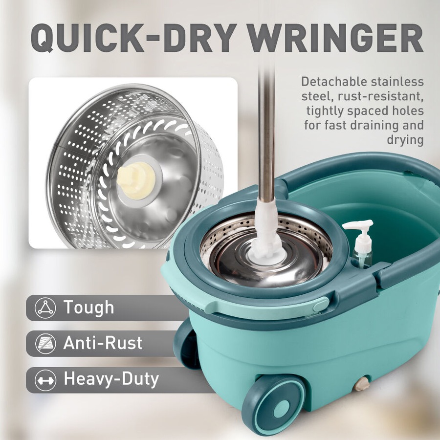 ZUNI Spin Mop Bucket Set Floor Mop Stainless Steel Rotating w/ 2 Heads Green