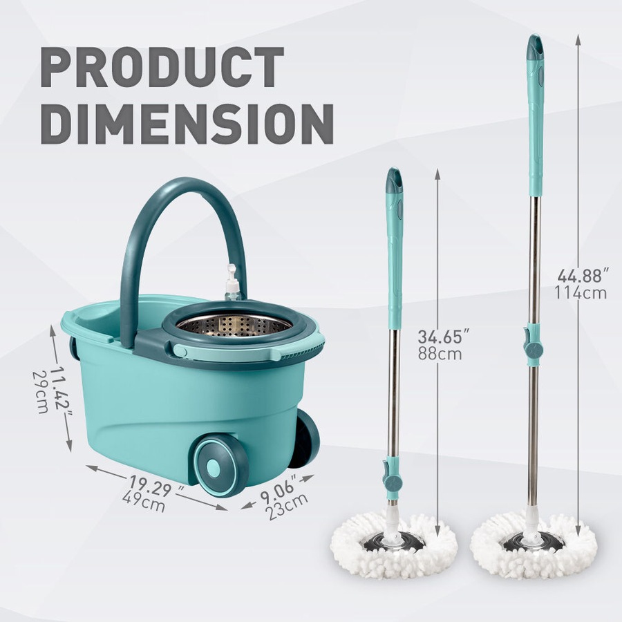 ZUNI Spin Mop Bucket Set Floor Mop Stainless Steel Rotating w/ 2 Heads Green