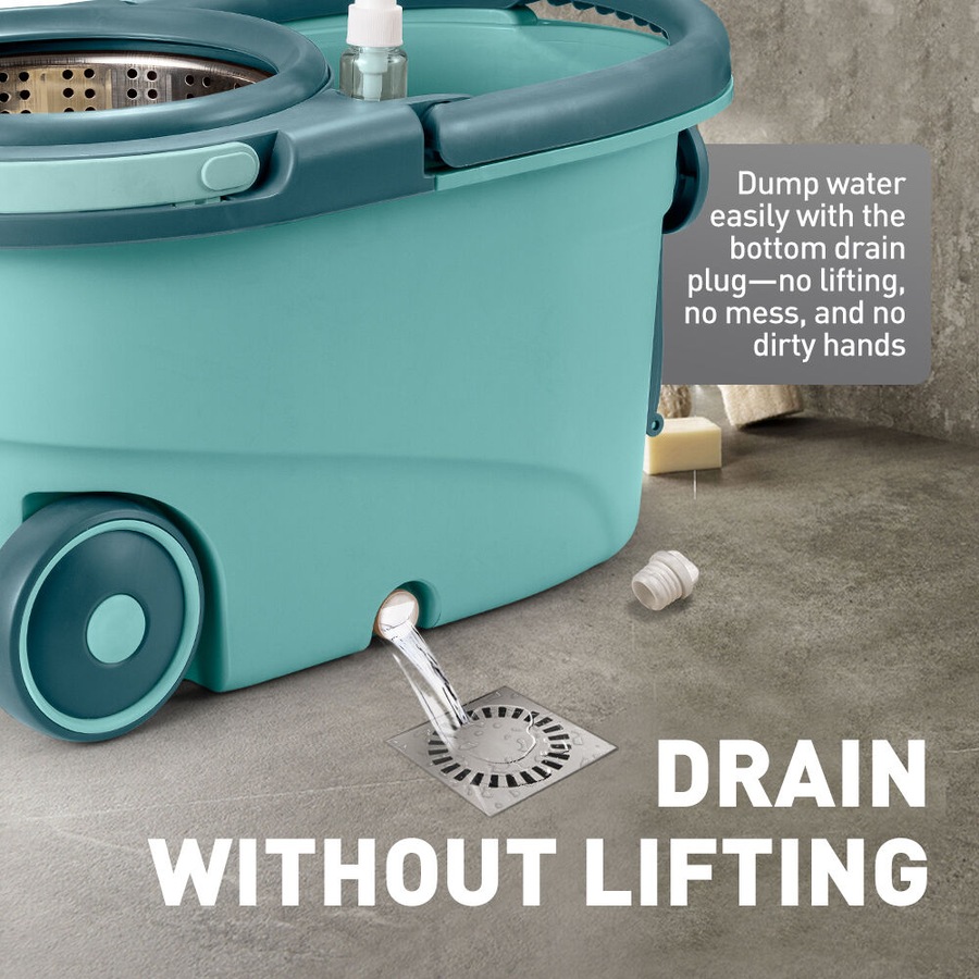 ZUNI Spin Mop Bucket Set Floor Mop Stainless Steel Rotating w/ 2 Heads Green