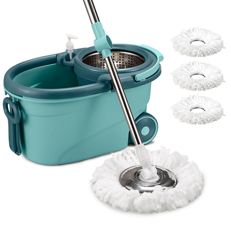 ZUNI Spin Mop Bucket Set Floor Mop Stainless Steel Rotating w/ 2 Heads Green