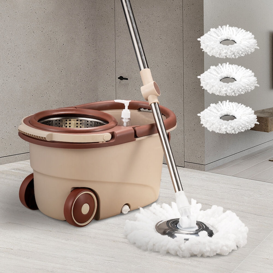 ZUNI Spin Mop Bucket Set Floor Mop Stainless Steel Rotating w/ 2 Heads Khaki