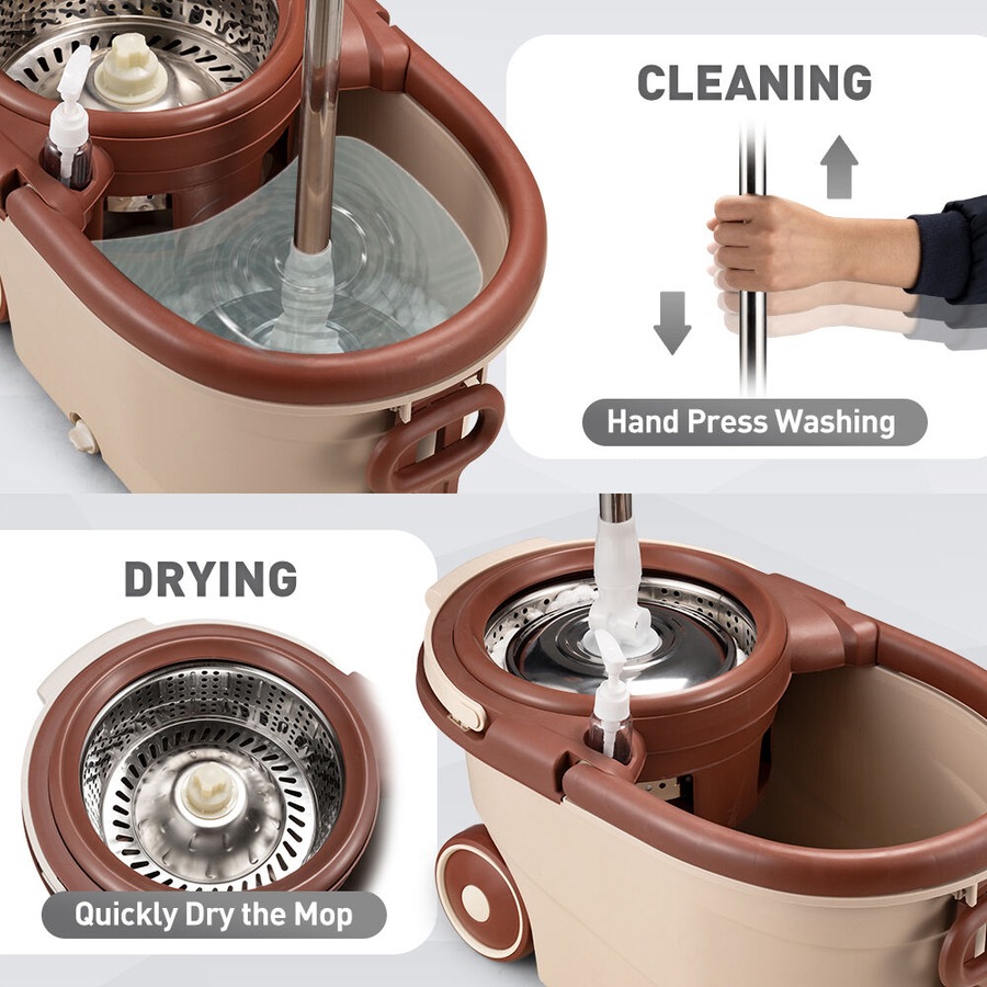 ZUNI Spin Mop Bucket Set Floor Mop Stainless Steel Rotating w/ 2 Heads Khaki