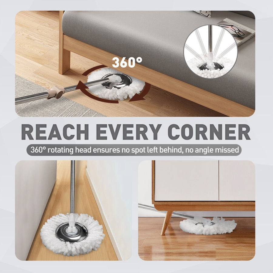 ZUNI Spin Mop Bucket Set Floor Mop Stainless Steel Rotating w/ 2 Heads Khaki