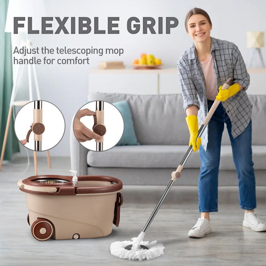 ZUNI Spin Mop Bucket Set Floor Mop Stainless Steel Rotating w/ 2 Heads Khaki