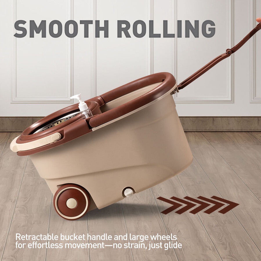 ZUNI Spin Mop Bucket Set Floor Mop Stainless Steel Rotating w/ 2 Heads Khaki