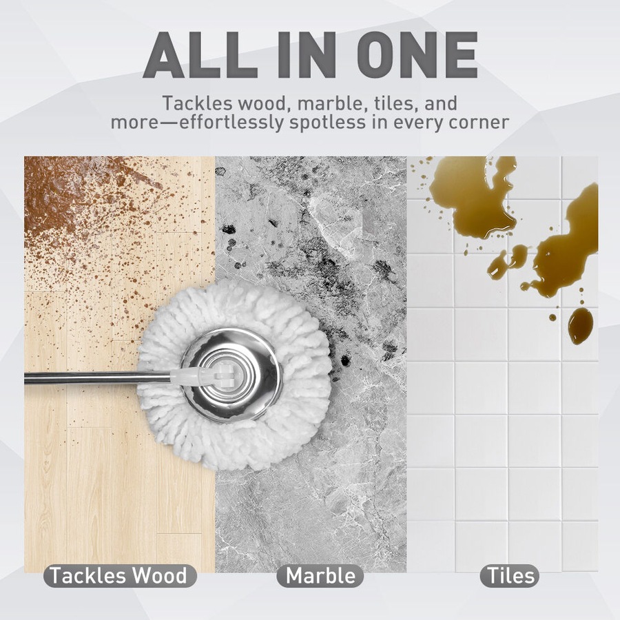 ZUNI Spin Mop Bucket Set Floor Mop Stainless Steel Rotating w/ 2 Heads Khaki