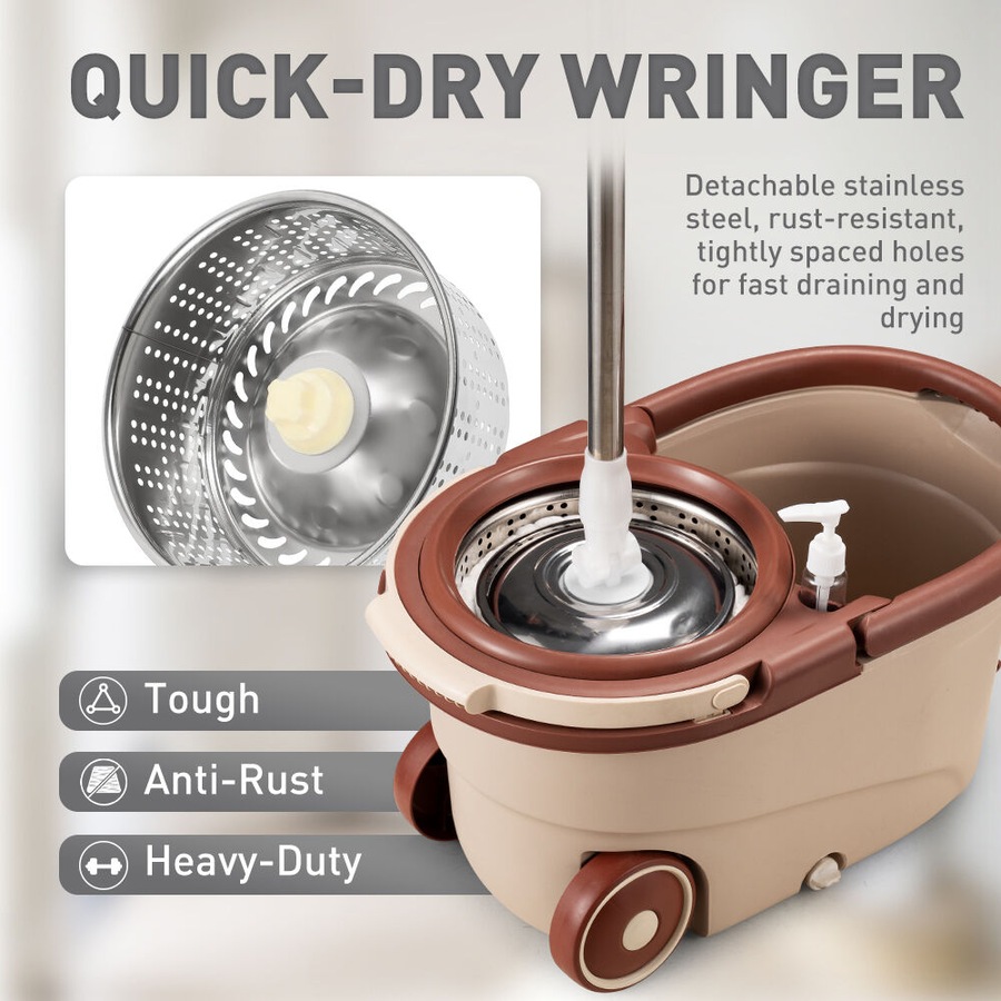 ZUNI Spin Mop Bucket Set Floor Mop Stainless Steel Rotating w/ 2 Heads Khaki