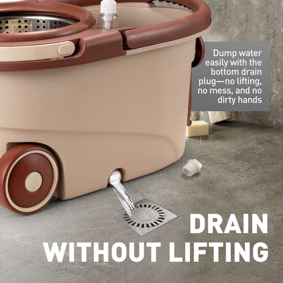 ZUNI Spin Mop Bucket Set Floor Mop Stainless Steel Rotating w/ 2 Heads Khaki