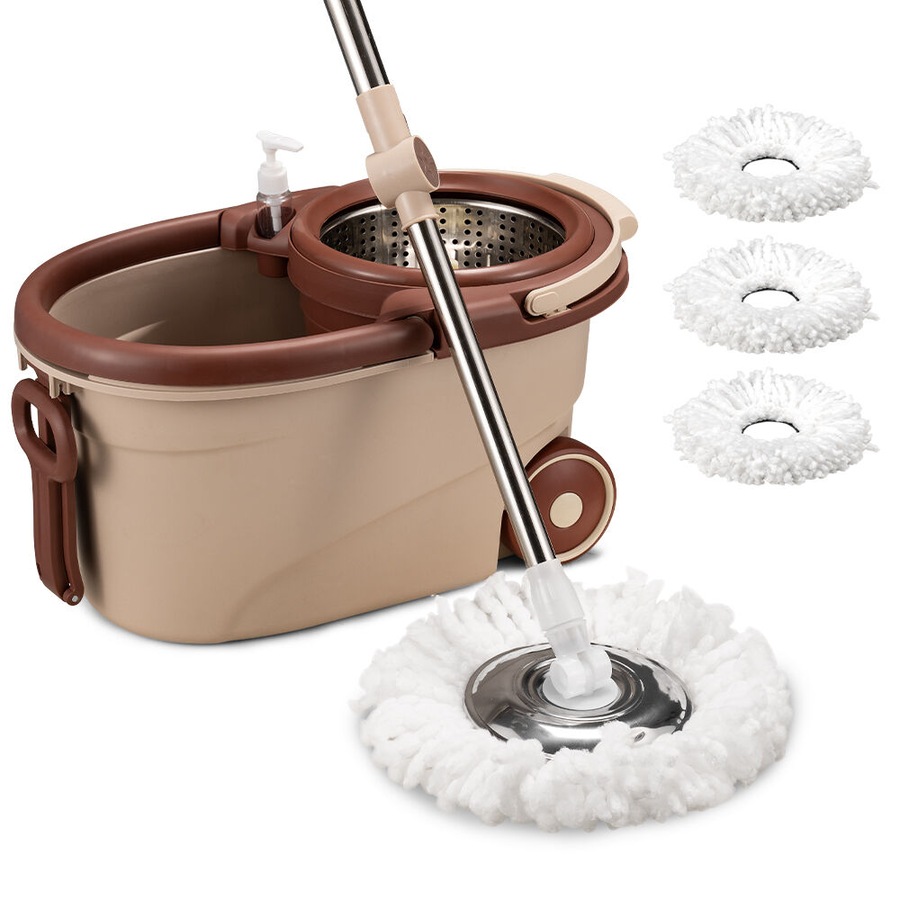 ZUNI Spin Mop Bucket Set Floor Mop Stainless Steel Rotating w/ 2 Heads Khaki