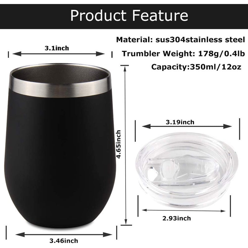 Cupture Stemless Wine Glasses 12 oz Vacuum Insulated Tumbler with Lids -  18/8 Stainless Steel (Jet Black)