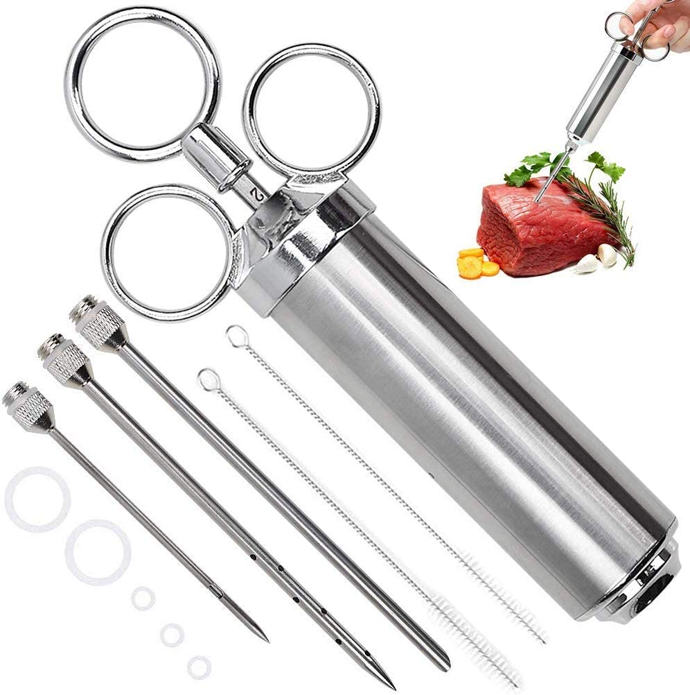 2-oz Meat Injector Syringe with 4 Silicone O-Rings 3 Professional Needles 2 Cleaning Brushes 304 Stainless Steel 