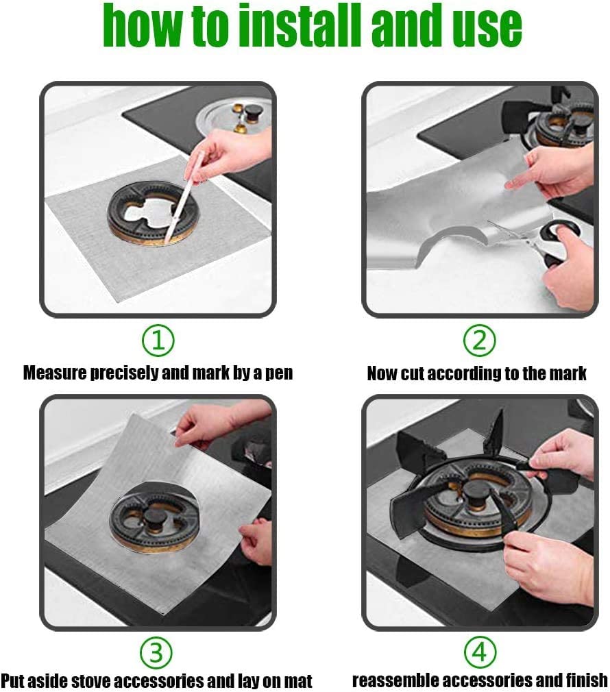 Reusable Gas Stove Protectors 4pcs Non-Stick Gas Range Covers Stove Burner Liners Clean Mat Pad Cooker Protector Sheet 0.2 mm Double Thickness 