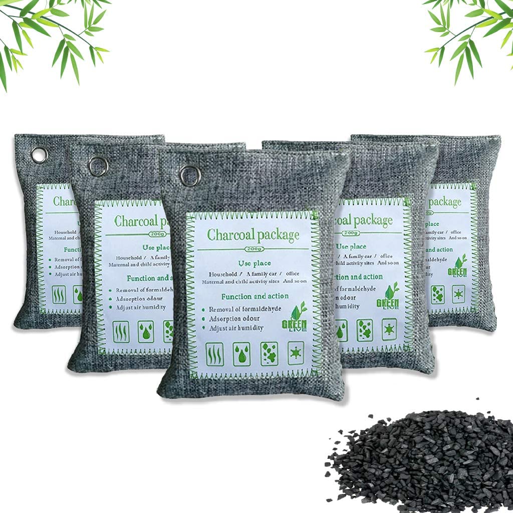 Air Purifying Bags Activated Bamboo Charcoal Bags for Home, Car, Closet, Bathroom, Basement, Litter Box, Shoe(5 Pack, 200g Each)
