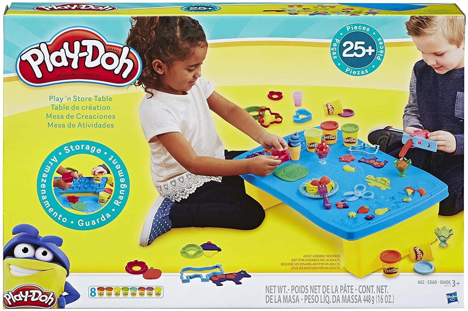 B9023 Play Doh Play 'n Store Table inc 6 Tubs of Dough & Accessories Sensory and educational Toys for kids, boys, girls Ages 3+, Yellow, Blue