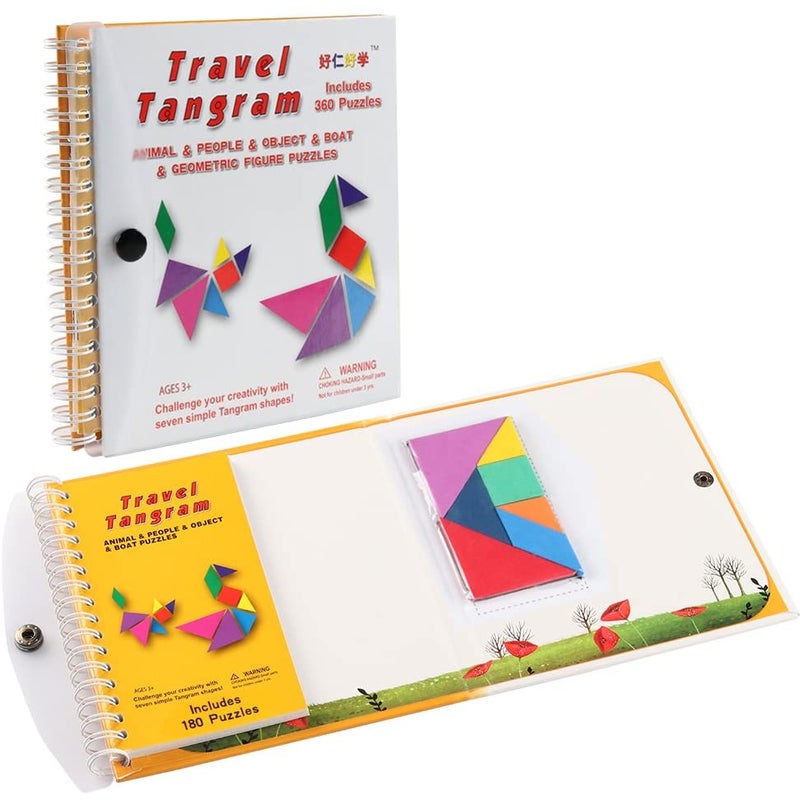 Tangram Travel Game Magnetic Puzzle Book Game Tangrams Jigsaw Shapes Dissection with Solution Questions Traveler Challenge IQ Educational Toy for 3