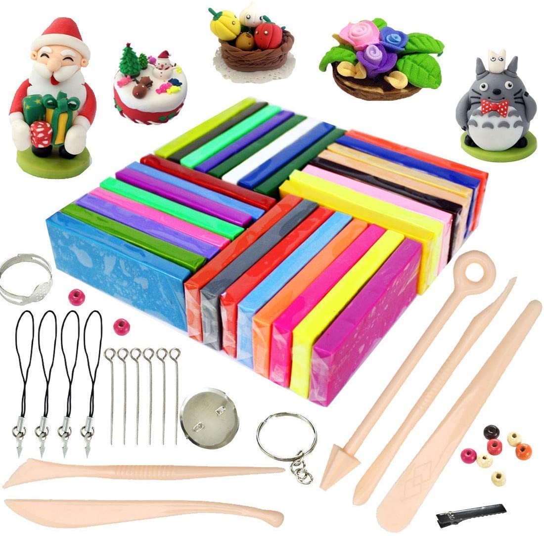 Polymer Clay, 32 Colours Oven Bake Polymer Clay, DIY Modelling Clay Kit with 5pcs Modeling Tools, Tutorials and Accessories, 1.73lb