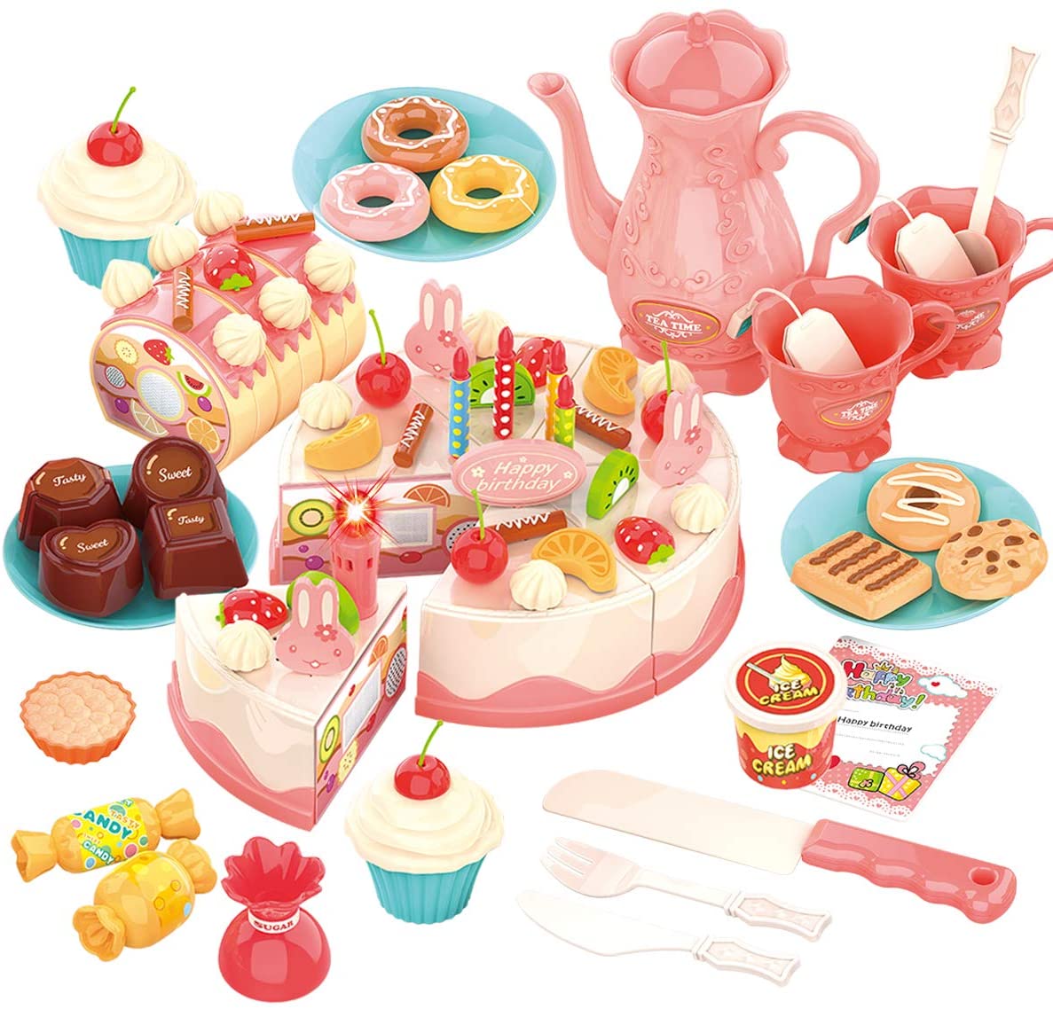 Pretend Play Food for Kids,DIY 82PCS Decorating and Cutting Birthday Party Cake, Tea Set,Candle,Fruits,Biscuits,Desserts,Educational Kitchen Toy with Lights&Sounds for Children,Girls&Boys,Aged 3+