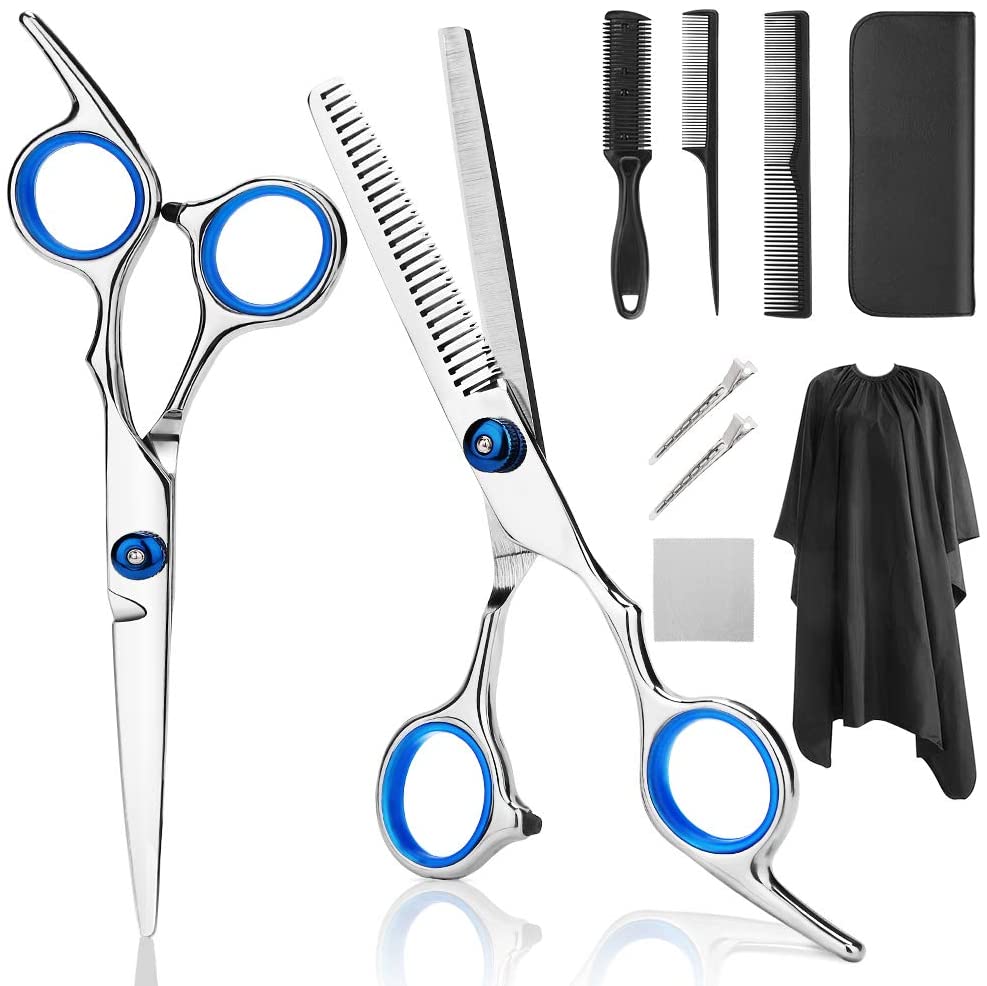 Professional Hair Cutting Scissors, 9 PCS Barber Thinning Scissors Hairdressing Shears Stainless Steel Hair Cutting Shears Set with Cape Clips Comb for Barber Salon and Home