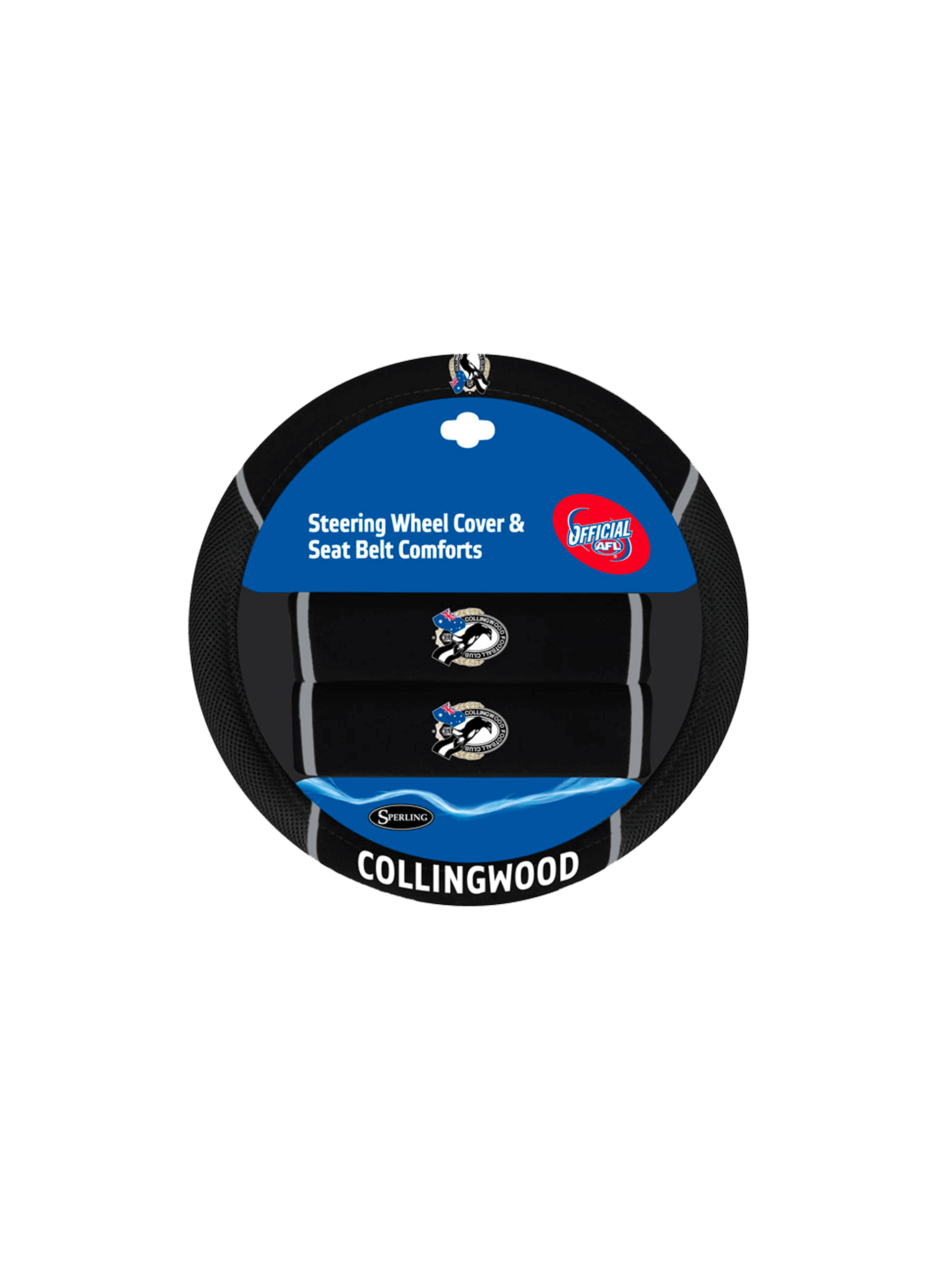 84058 COLLINGWOOD MAGPIES AFL CAR STEERING WHEEL COVER & SEAT BELT COMFORTS PAD 
