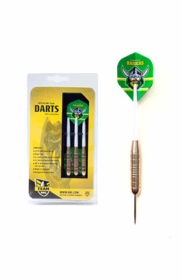 Canberra Raiders NRL Brass Darts 3 X Darts Flights & Shafts In Case