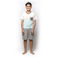Boys PJS Sizes 8-14 Summer Cotton Short Sleeve Pyjamas Blue Beige