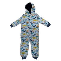 Boys Size 0-2 Blue T-Rex Dino Fleece Hooded One Piece Jumpsuit (2692)