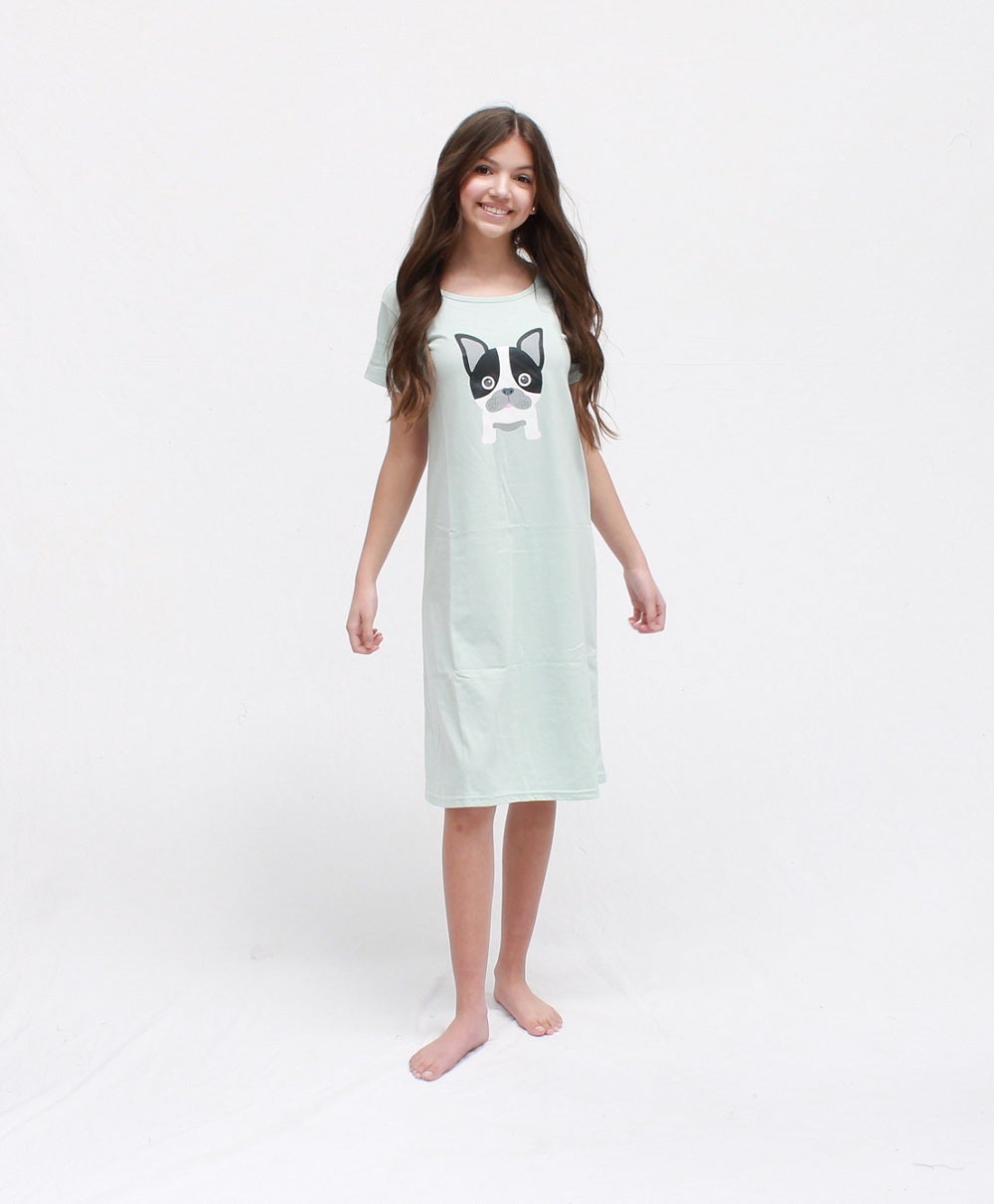 Girls PJS Sizes 8-14 Blue Dog Short Sleeve Nightie Pyjamas